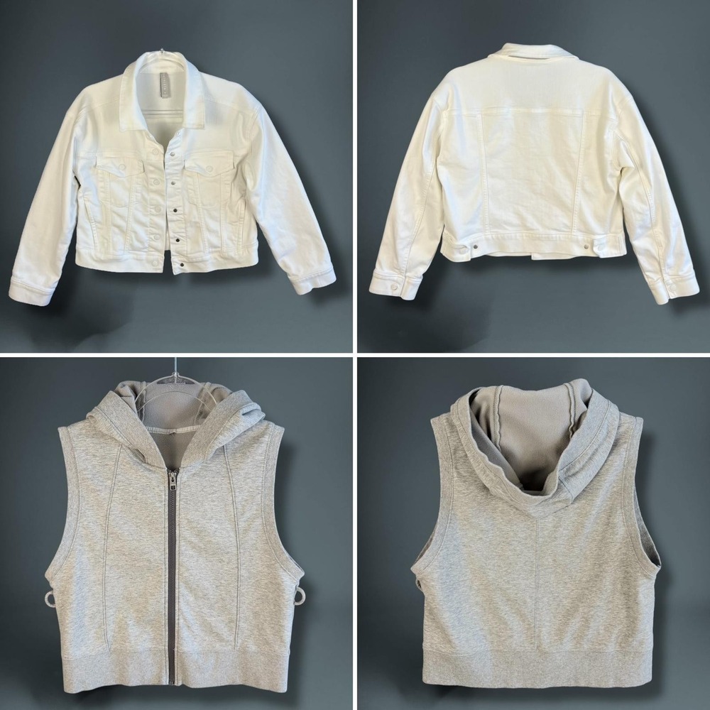 Athleta Jacket Womens Medium‎ White Denim Trucker Hooded Zip In Vest Layered - Picture 5 of 12